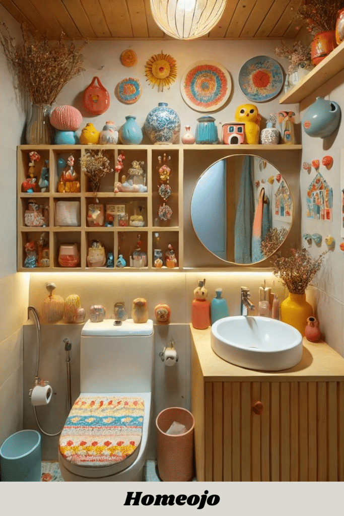 Tiny bathroom with colorful bursts