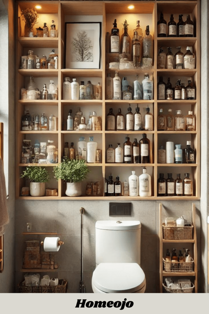 Tiny bathroom with Open Shelves