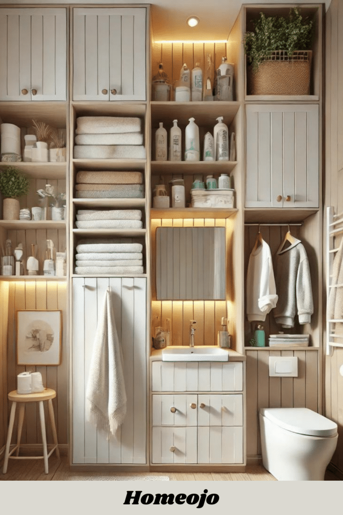 Tiny bathroom with tall, thin cupboards