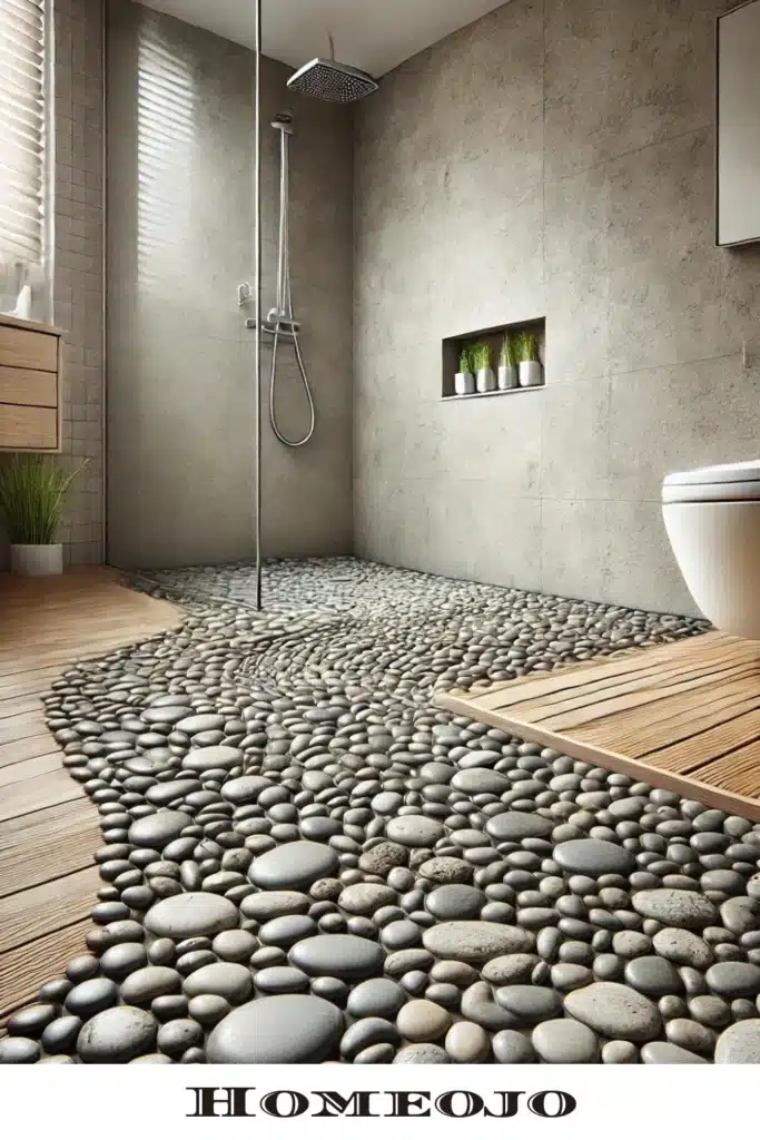 Bathroom with Pebble shower floor