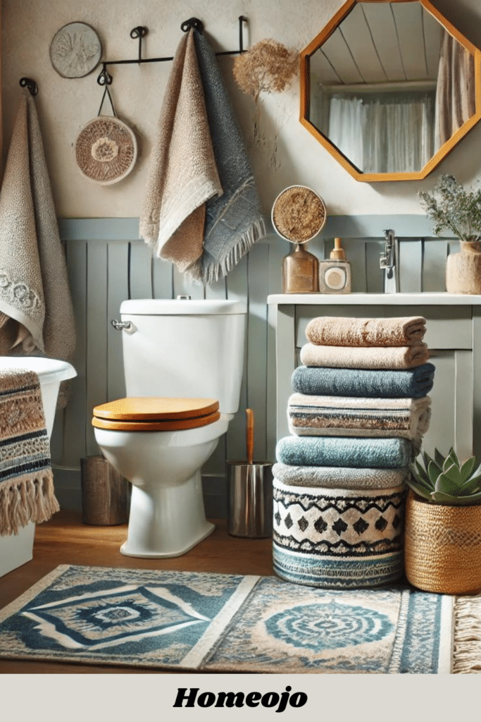 Tiny bathroom fashionable textiles and patterned towels.