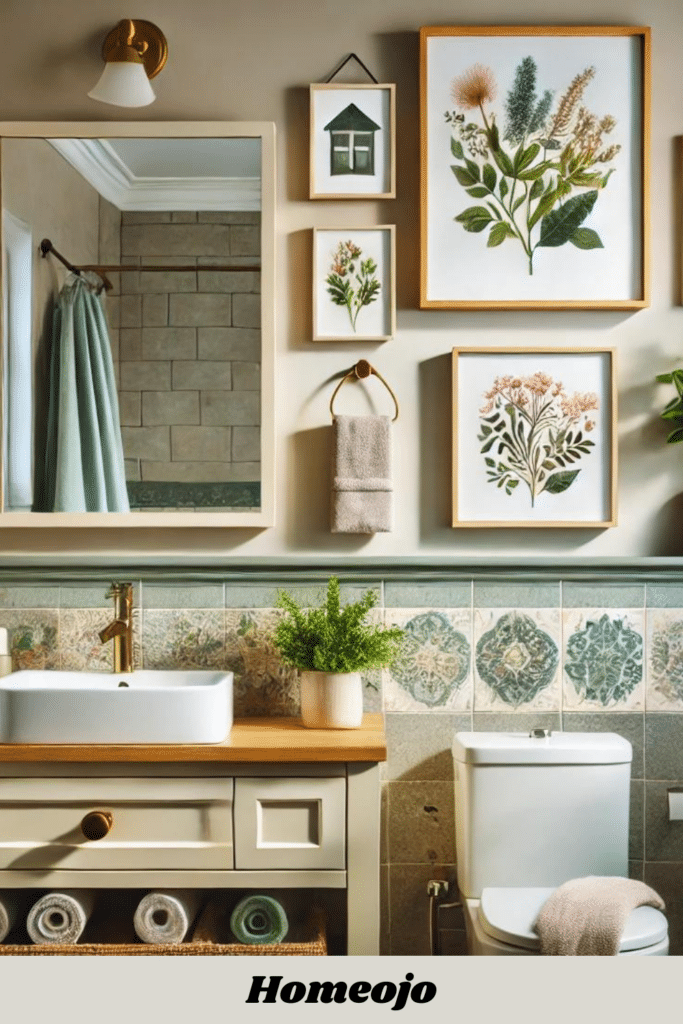 Tiny bathroom with chic art