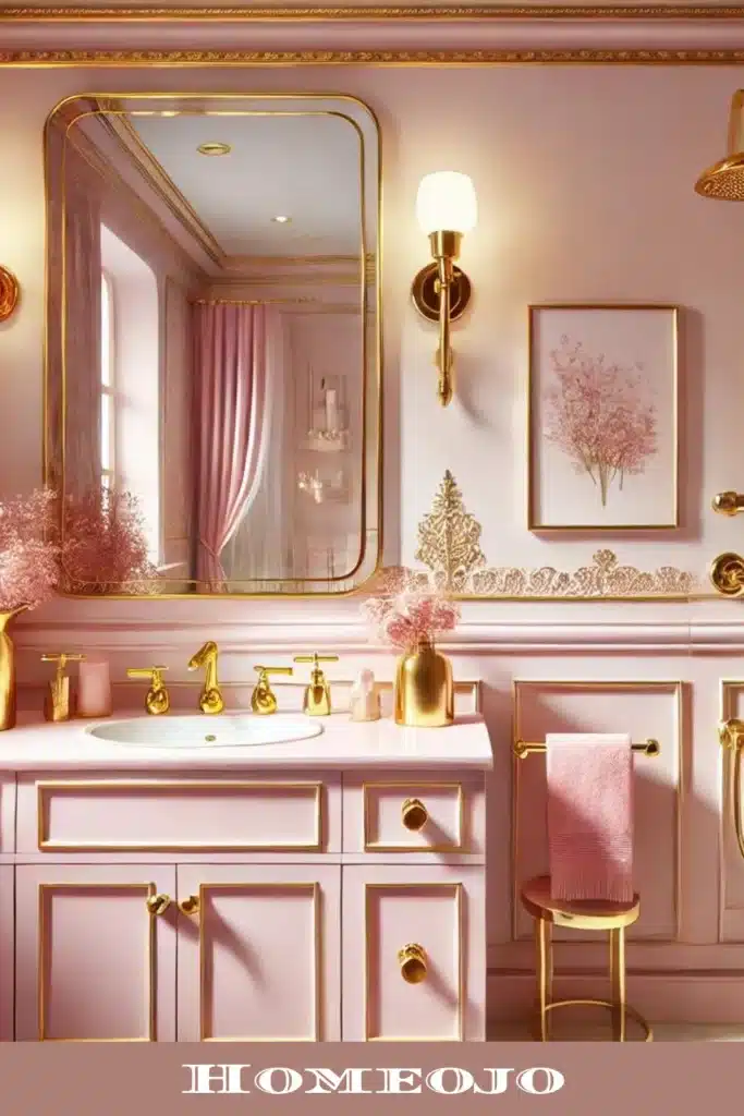 Girly bathroom with Pink and Gold Fixtures