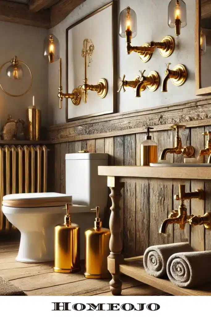 Golden decor for rustic bathroom