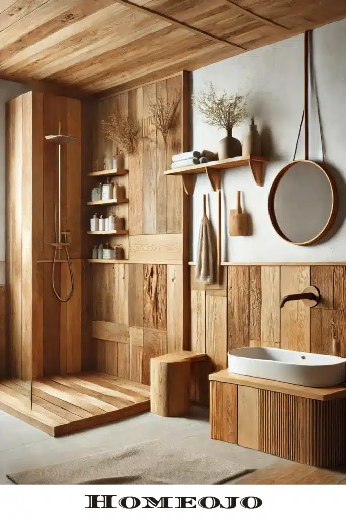 Bathroom decor with wooden elements