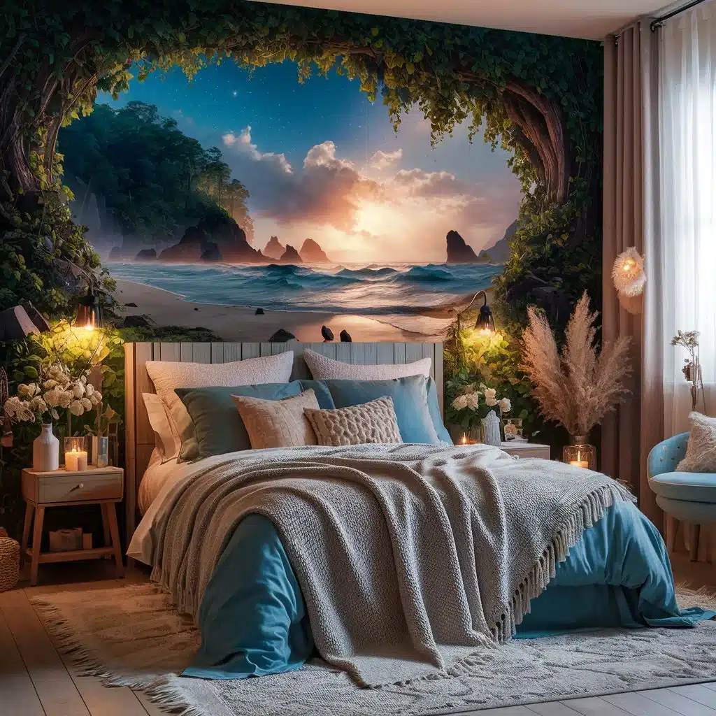 A romantic bedroom with a mural