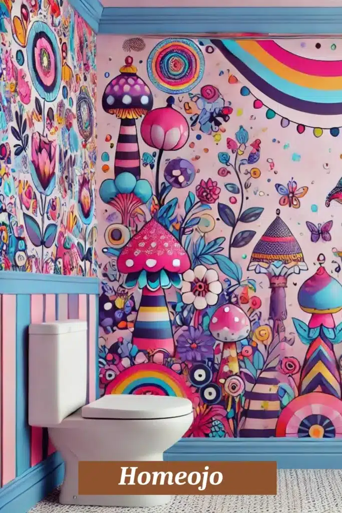 Fun patterns wallpaper for teen girl bathroom