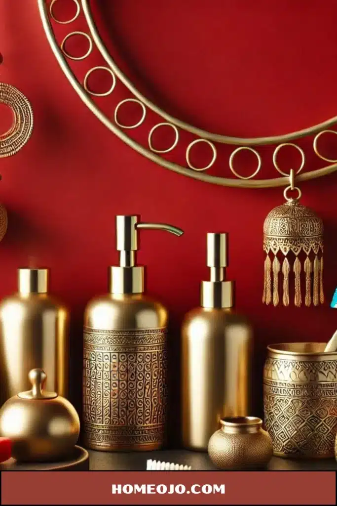 Gold and red accents for bathroom decor 