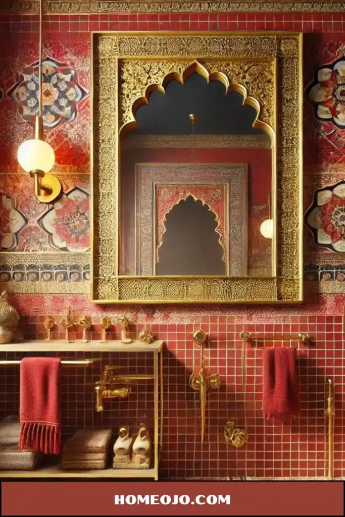 Red and gold bathroom decor