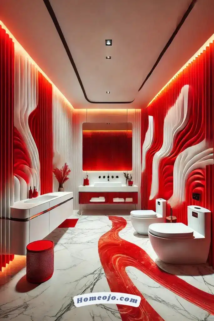 Bold red and white color for bathroom