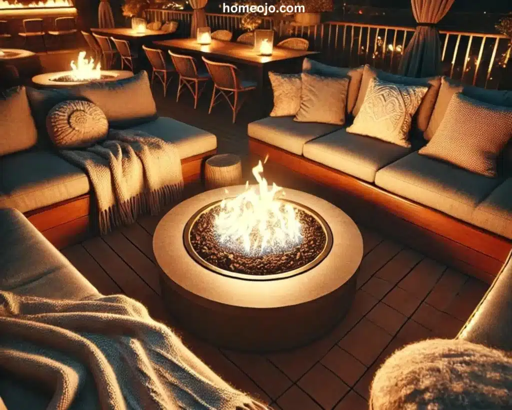 rooftop patio with a fireplace