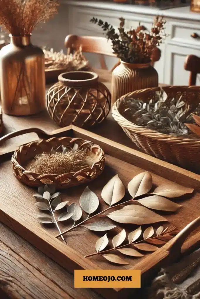 Wood, metal and basket for fall kitchen decor 