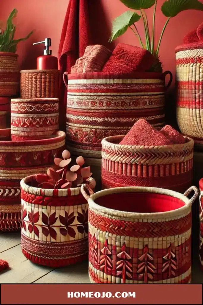 Woven red baskets for bathroom