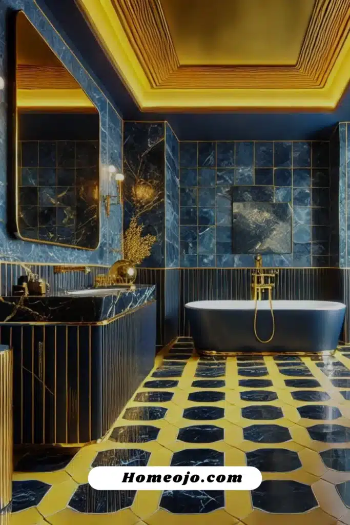 Navy blue tiles with yellow grout for bathroom