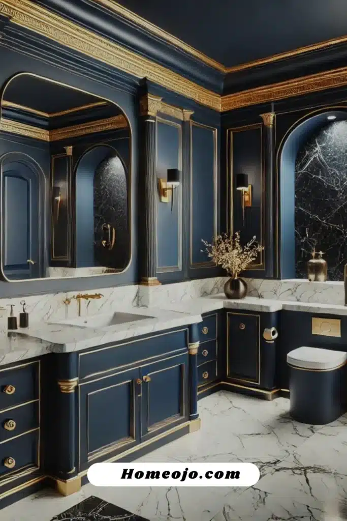 Yellow and navy blue bathroom