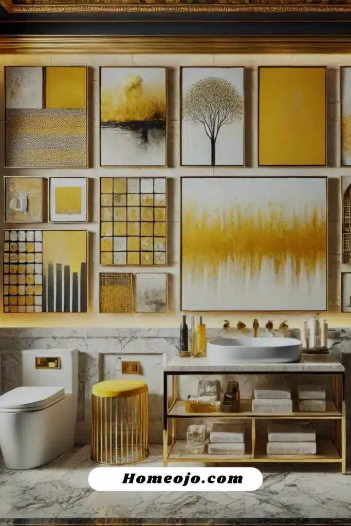 Gallery wall with yellow art 