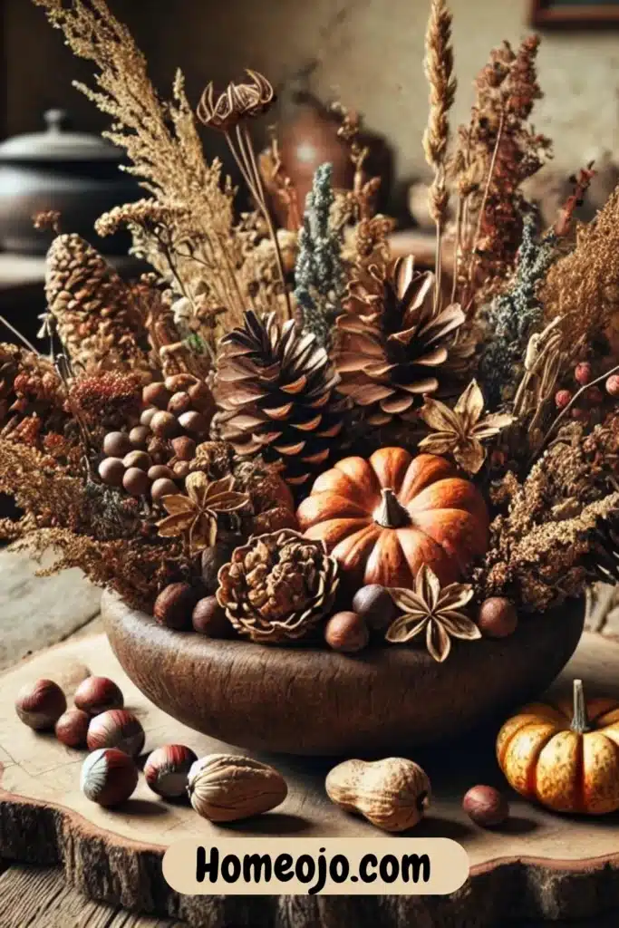 dried flowers and pumpkins for fall decor