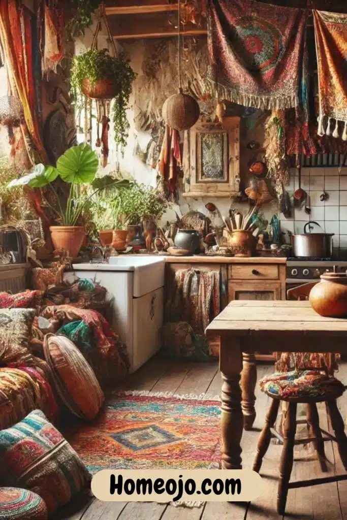 Bohemian kitchen with vibrant fabrics