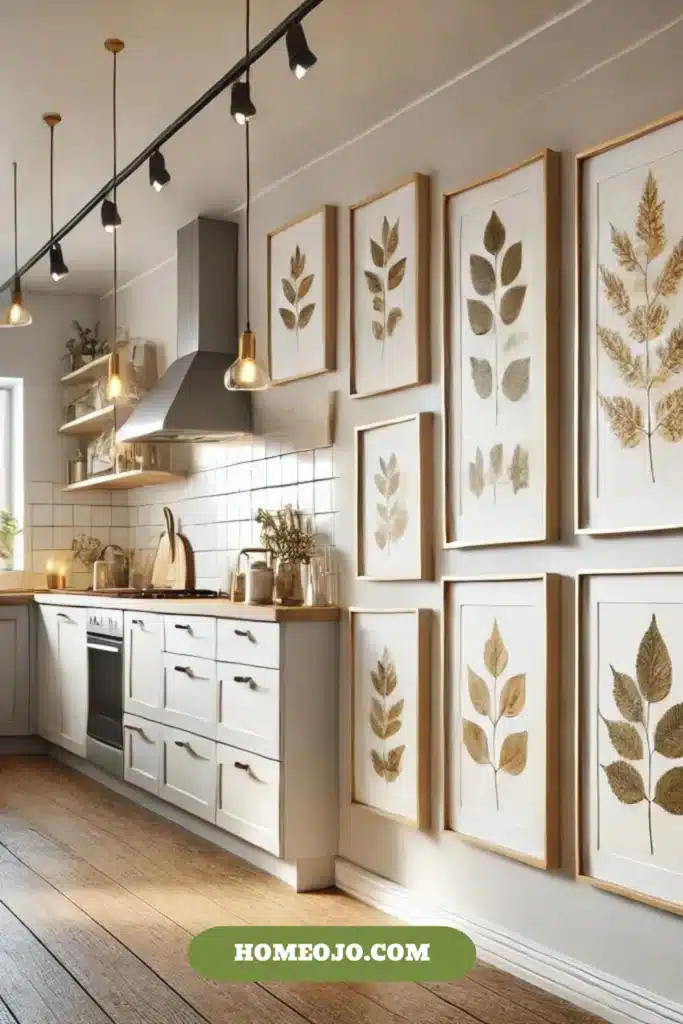 Kitchen decor with framed leaves 