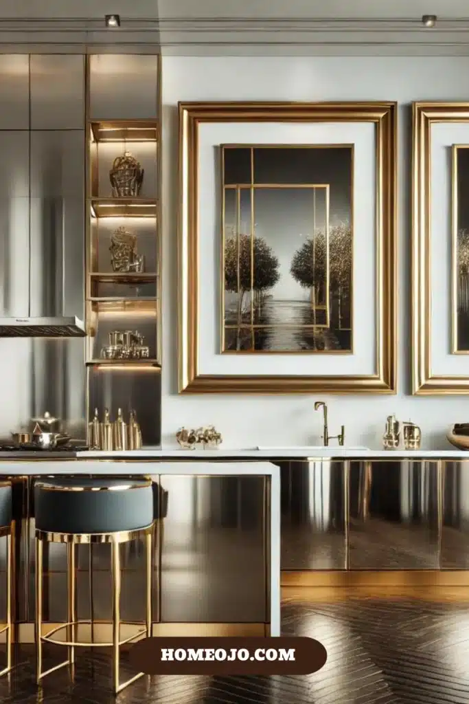 Luxurious kitchen with gold or silver framed art