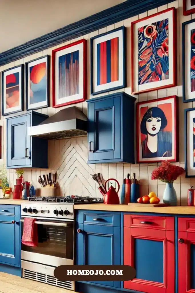 Vibrant kitchen with bold, colorful frames