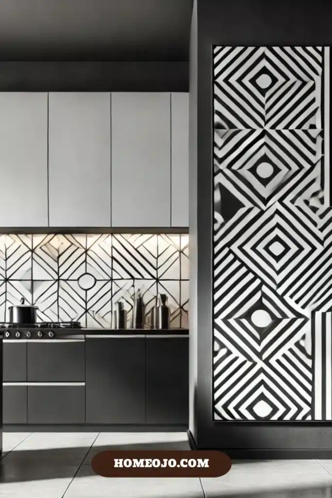 Modern kitchen with black-and-white wall art