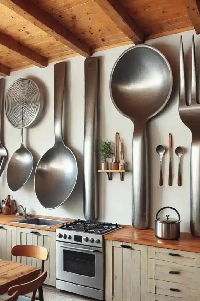 Kitchen with large metal spoon and fork